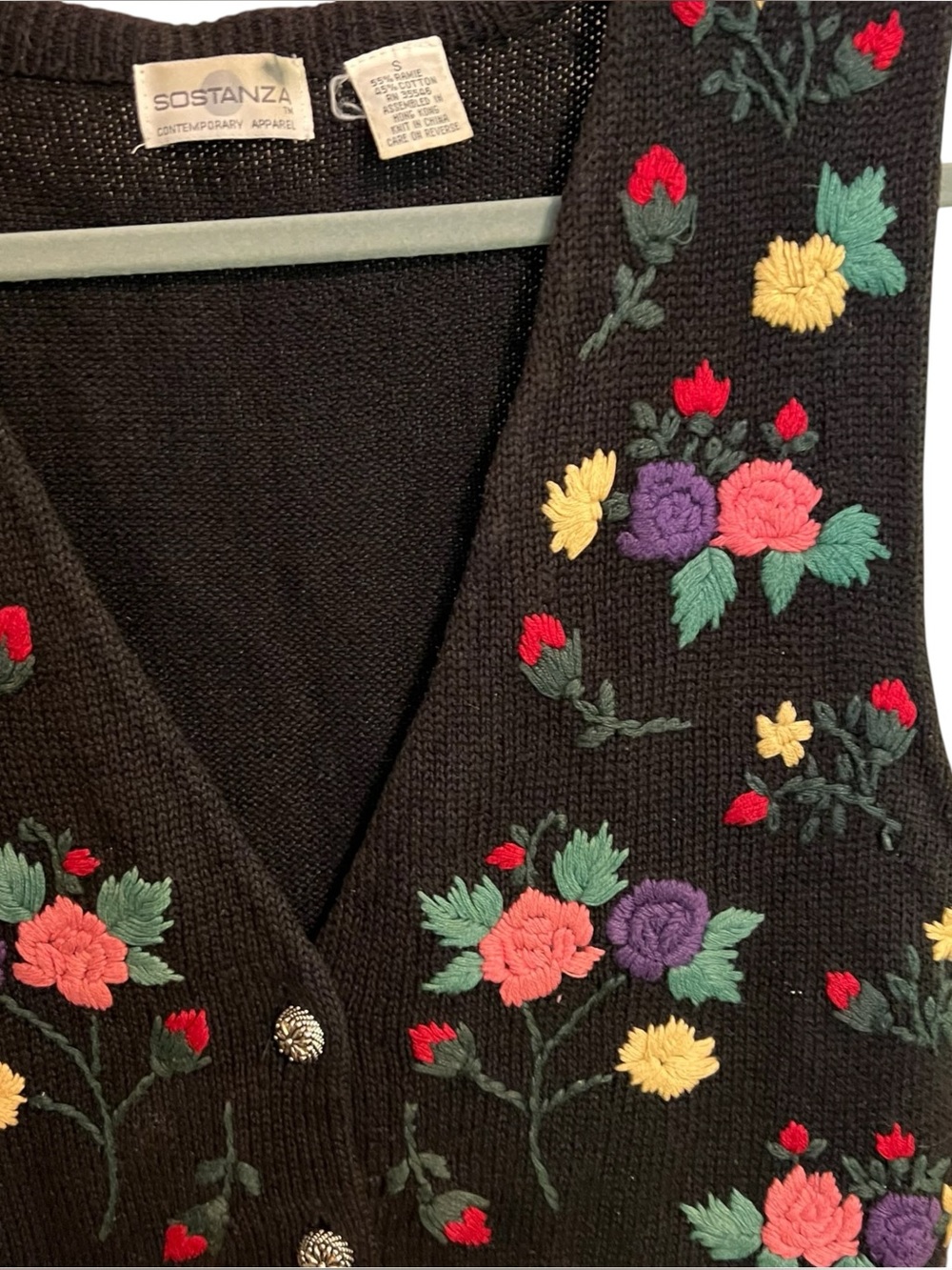 Vintage Sostanza Floral Embroidered Sweater Vest Small Cottagecore - Picture 3 of 7